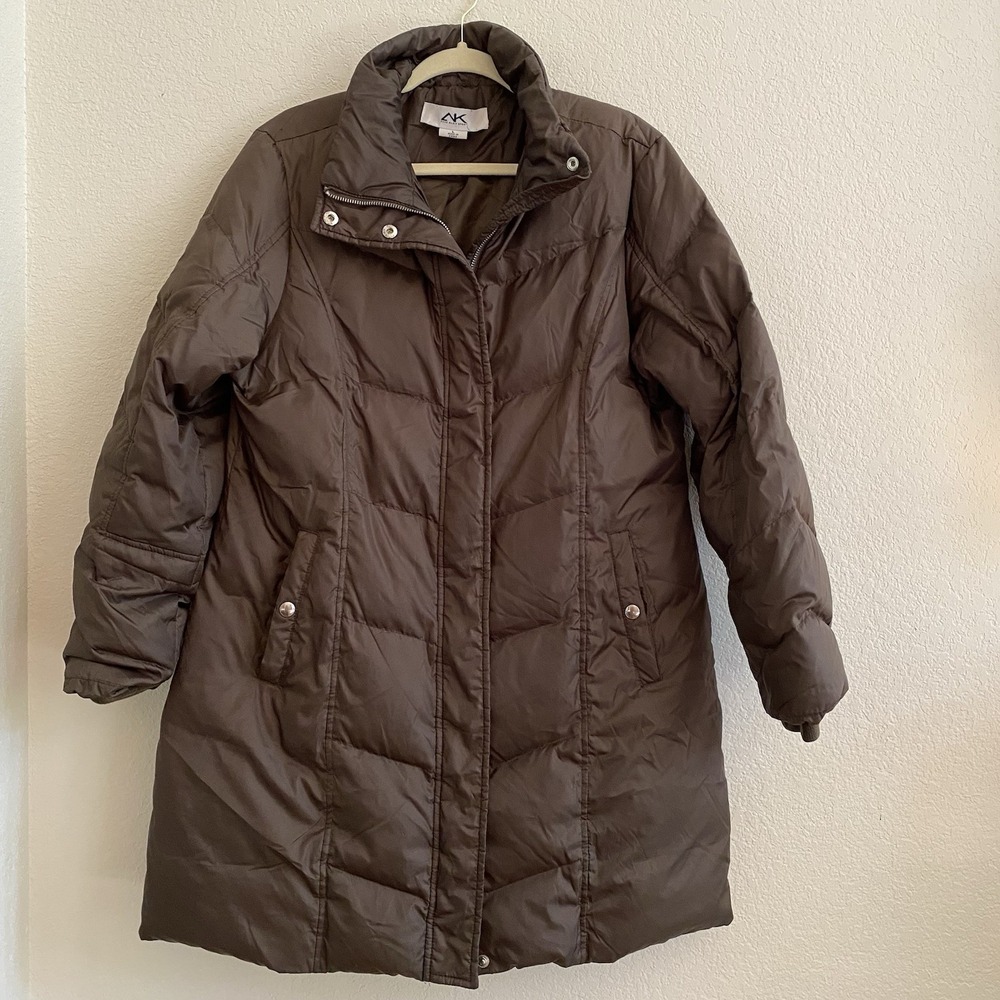 Anne Klein Coat Women Sz L Brown Parka Coat Down‎ Filled Long Snap Zip Closure